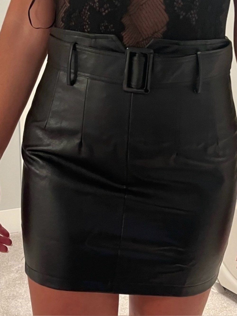 Kittenish Belted Faux Leather Black Mini Skirt